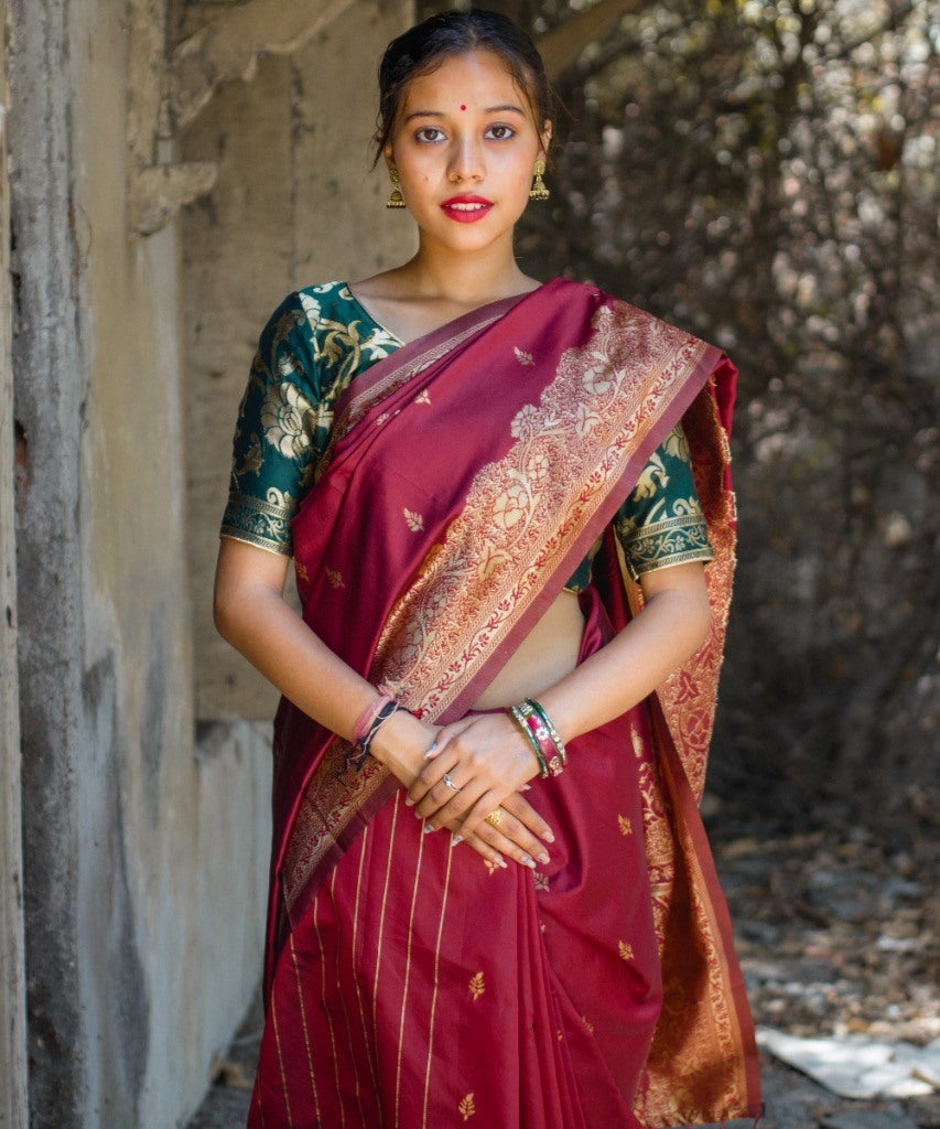 Maroon banarasi kota silk gold jari work wedding saree