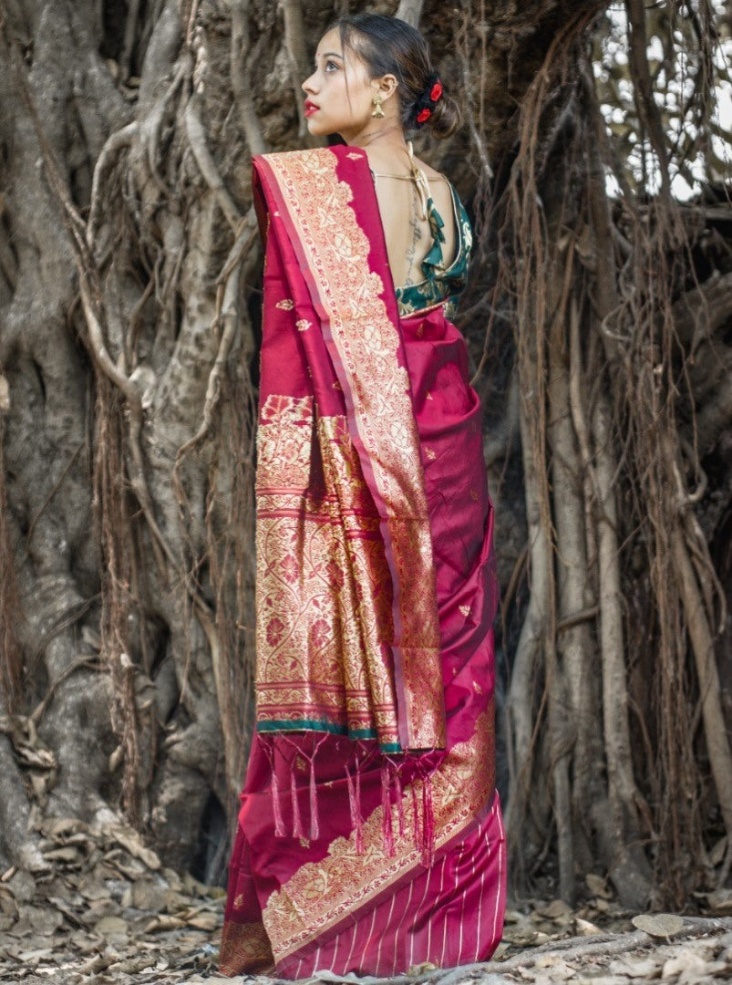 Maroon banarasi kota silk gold jari work wedding saree