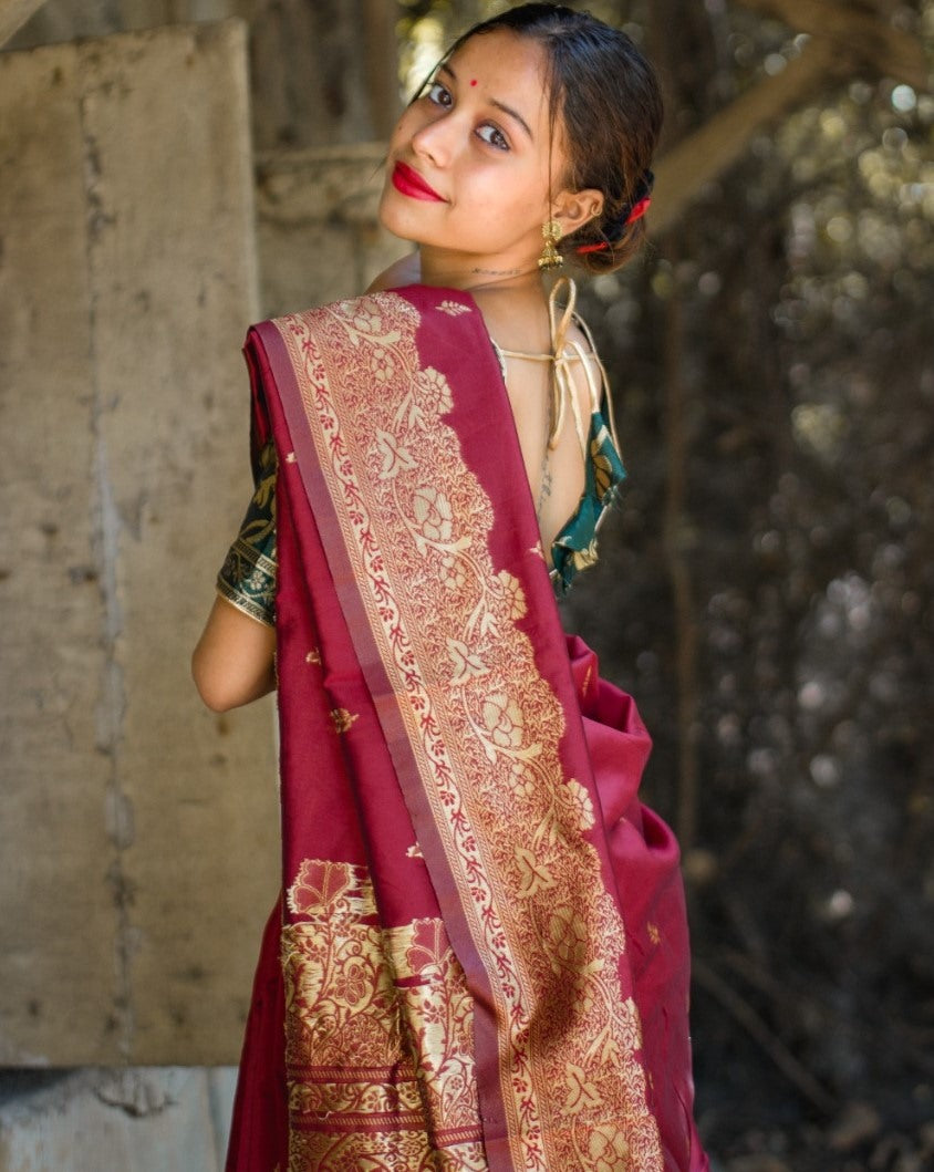 Maroon banarasi kota silk gold jari work wedding saree