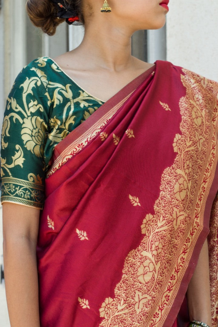 Maroon banarasi kota silk gold jari work wedding saree
