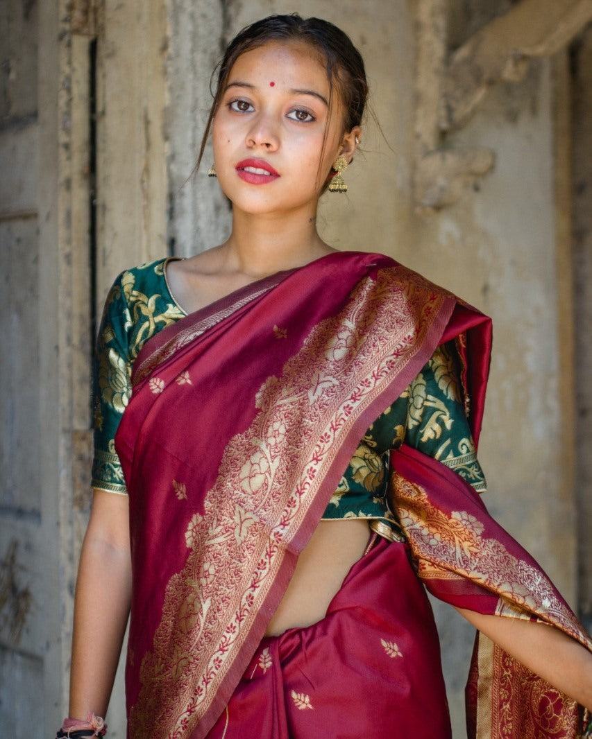 Maroon banarasi kota silk gold jari work wedding saree