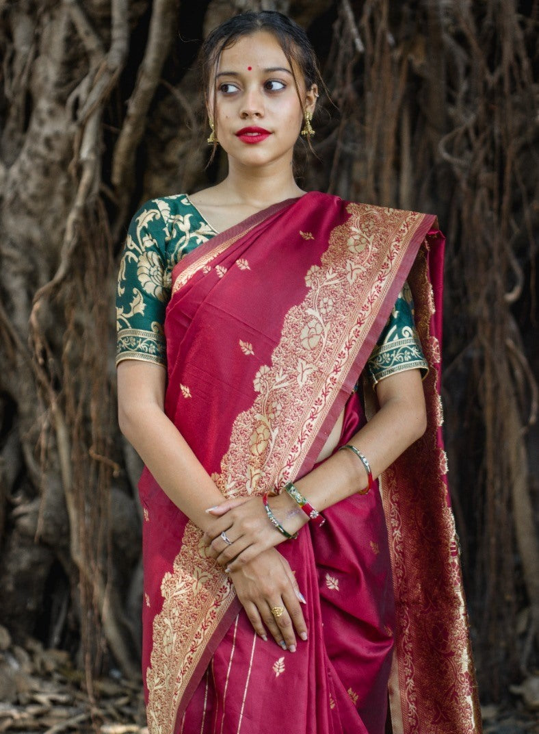 Maroon banarasi kota silk gold jari work wedding saree