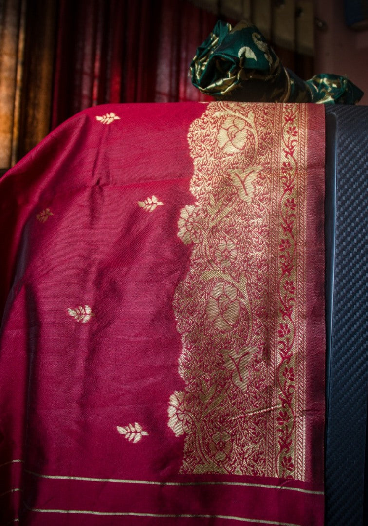 Maroon banarasi kota silk gold jari work wedding saree