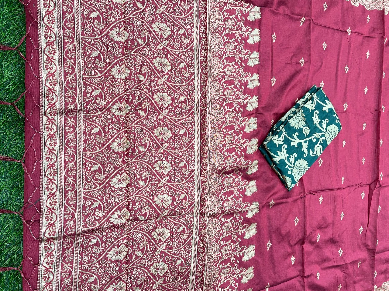 Maroon banarasi kota silk gold jari work wedding saree