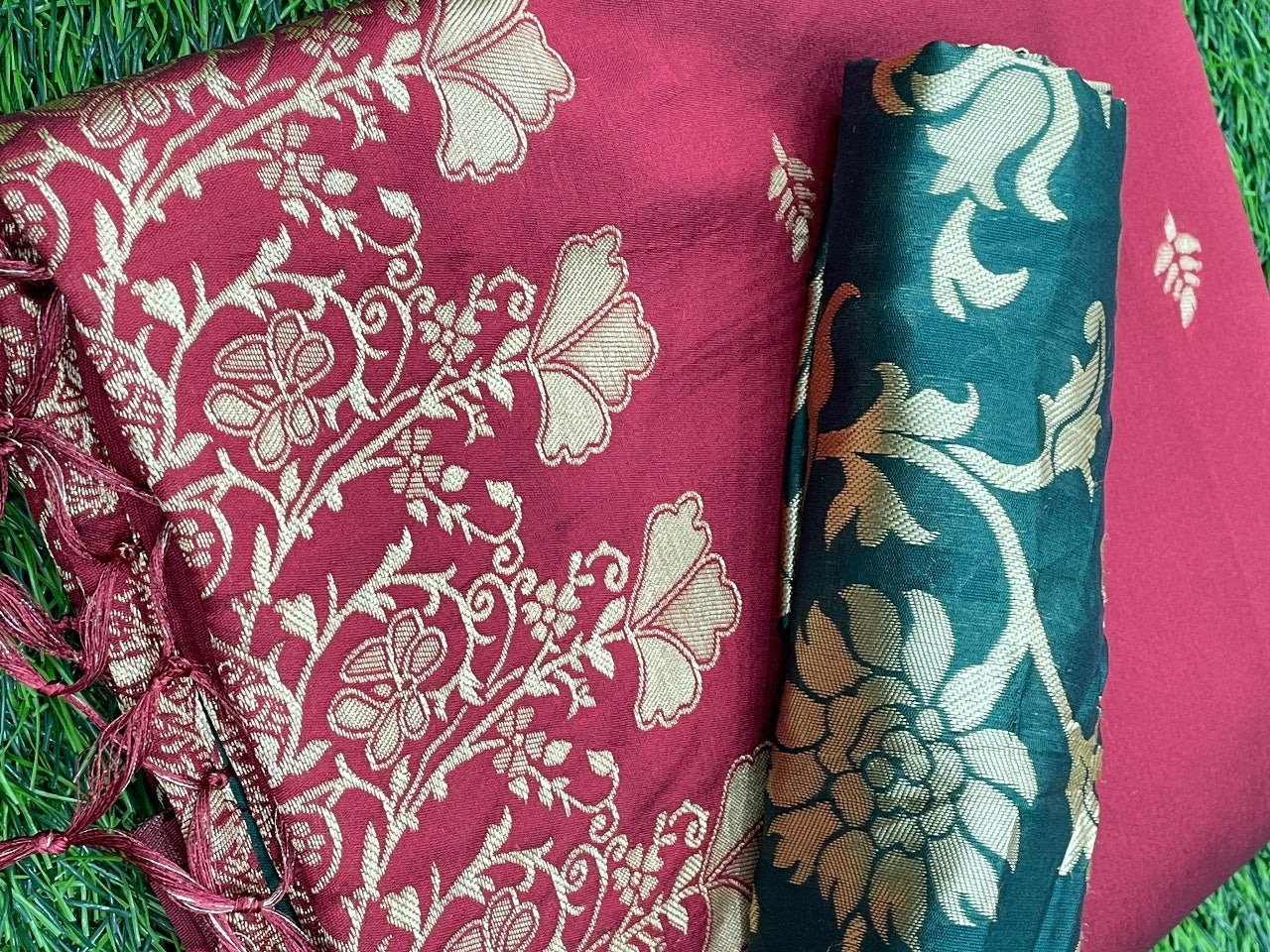 Maroon banarasi kota silk gold jari work wedding saree