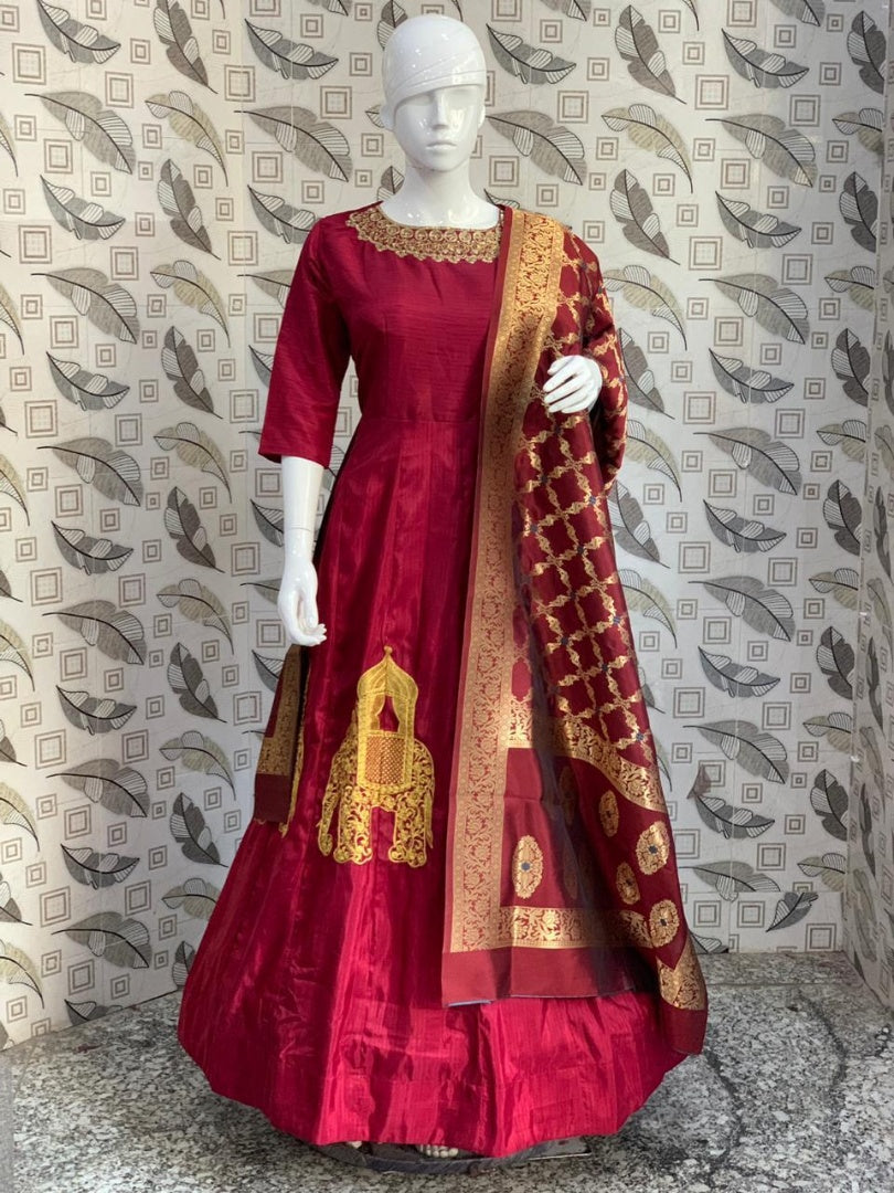 maroon banarasi silk designer embroidered wedding long gown