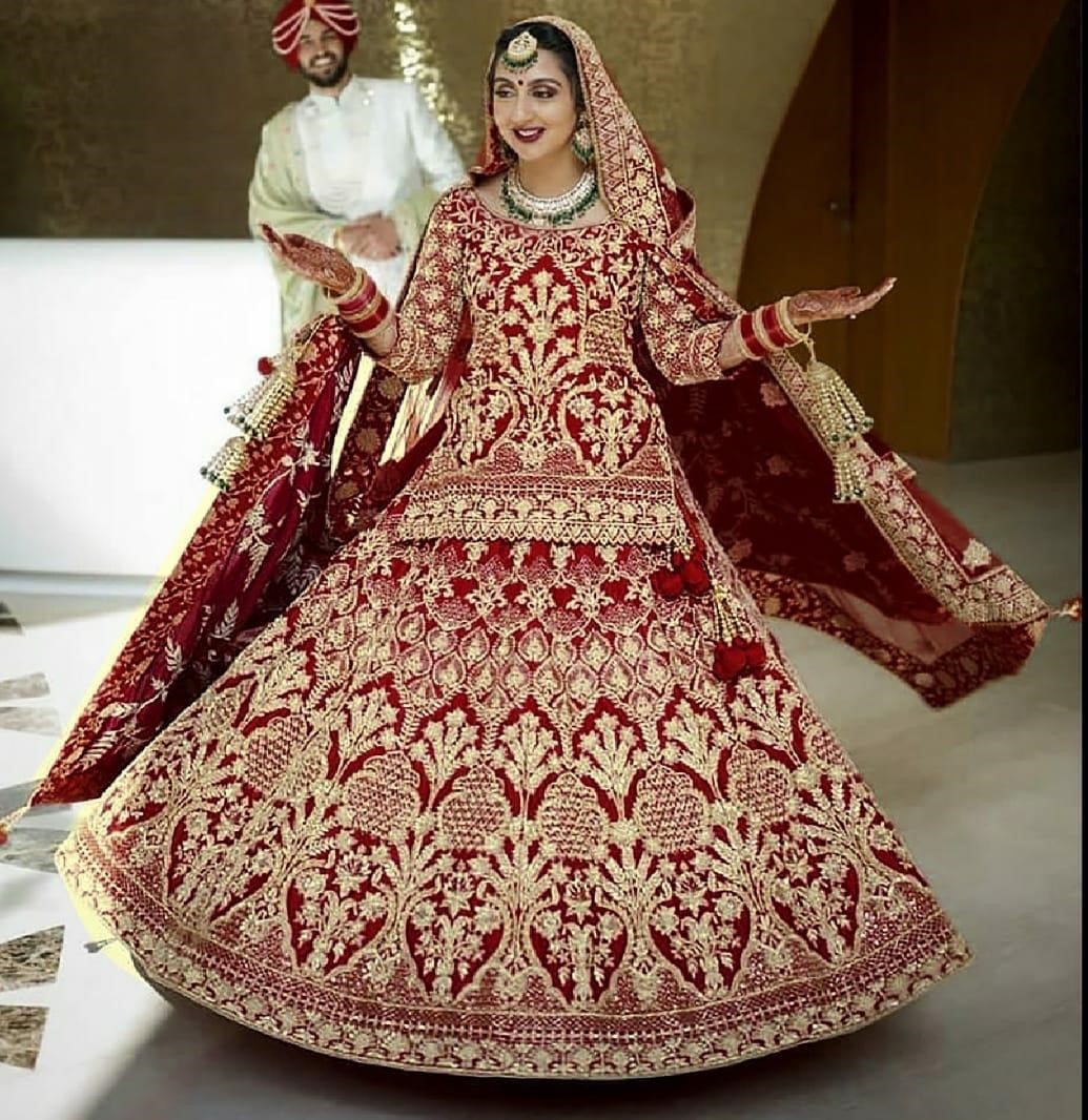 maroon banglori satin heavy embroidered bridal lehenga choli