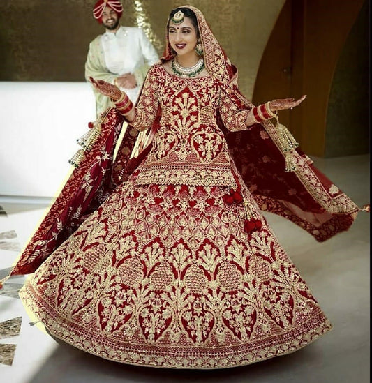 maroon banglori satin heavy embroidered bridal lehenga choli
