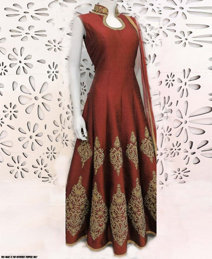 Maroon banglori silk embroidered semistitched gown
