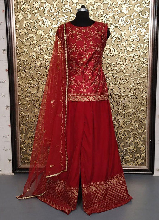 Maroon beautiful embroidered plazzo salwar suit