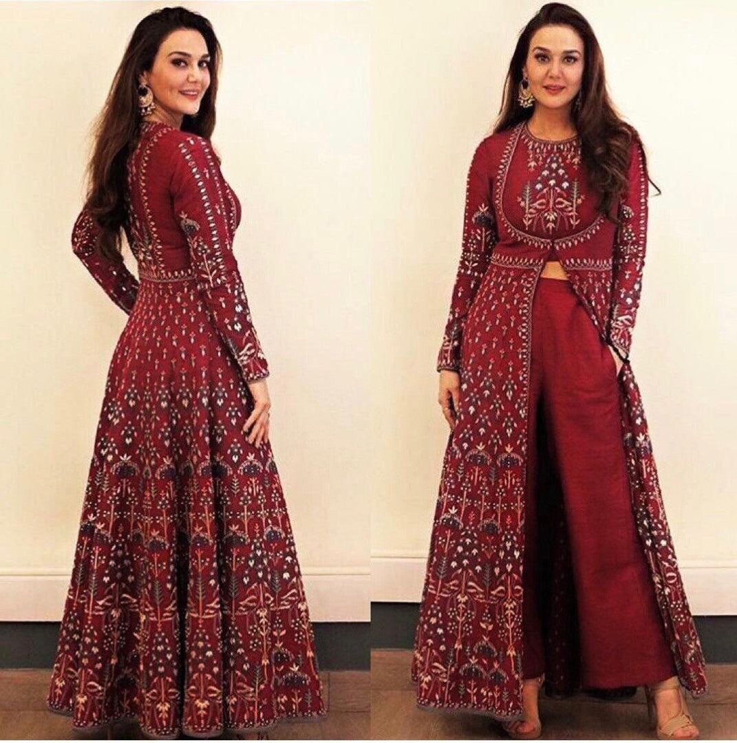 maroon beautiful printed plazzo suit