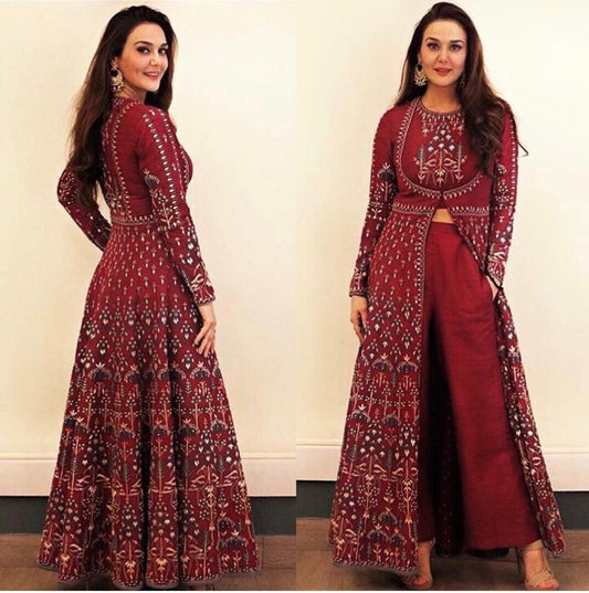 maroon beautiful printed plazzo suit