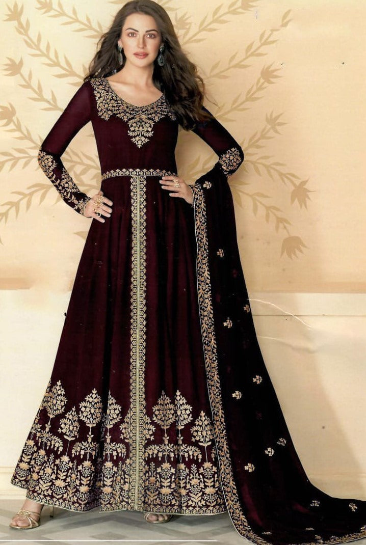 Maroon bluming georgette chain stich embroidered anarkali gown
