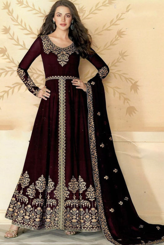 Maroon bluming georgette chain stich embroidered anarkali gown