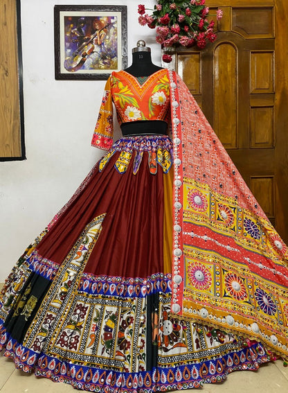 Maroon butter digital print and mirror work navratri festival lehenga choli