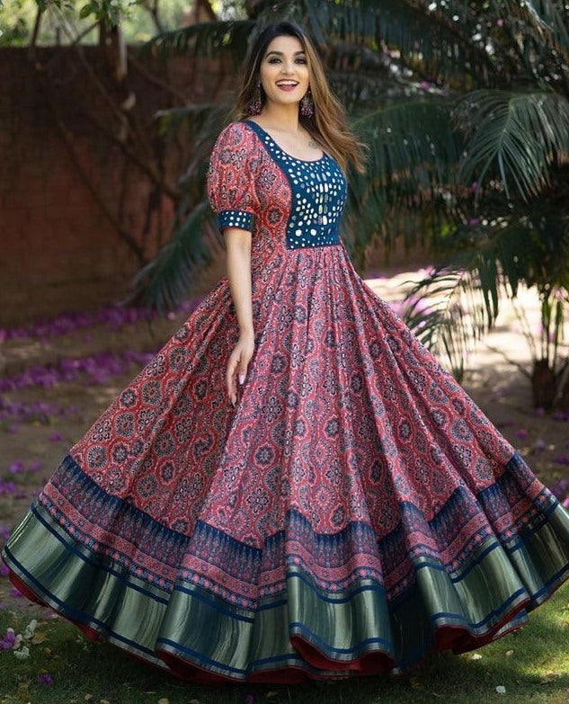 Maroon butter silk digital printed with mirror work gown