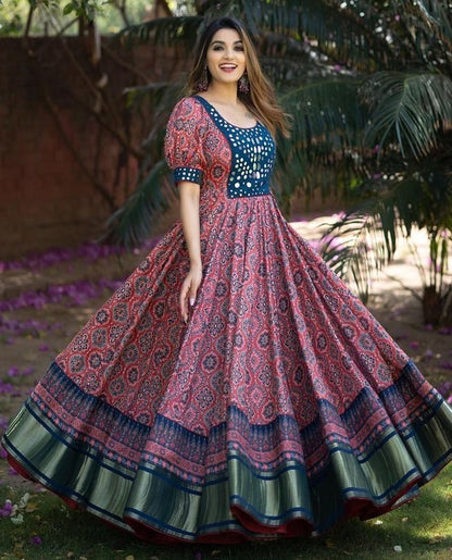 Maroon butter silk digital printed with mirror work gown