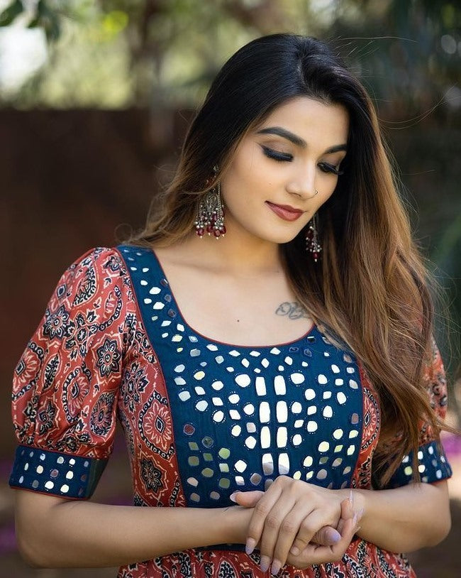 Maroon butter silk digital printed with mirror work gown