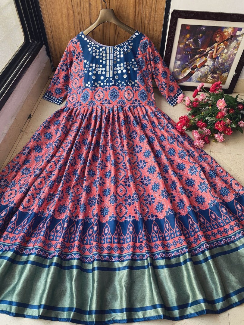 Maroon butter silk digital printed with mirror work gown