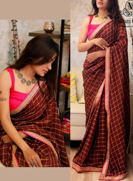 Maroon checks silk saree