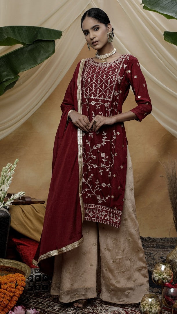 Maroon chinon semi sequence embroidered plazzo suit