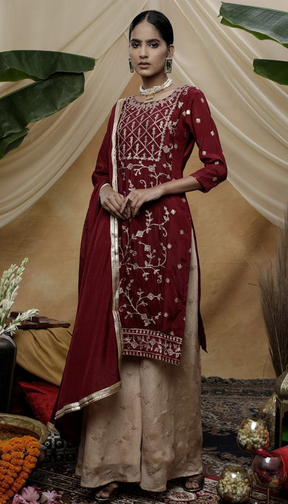Maroon chinon semi sequence embroidered plazzo suit