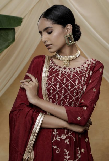 Maroon chinon semi sequence embroidered plazzo suit