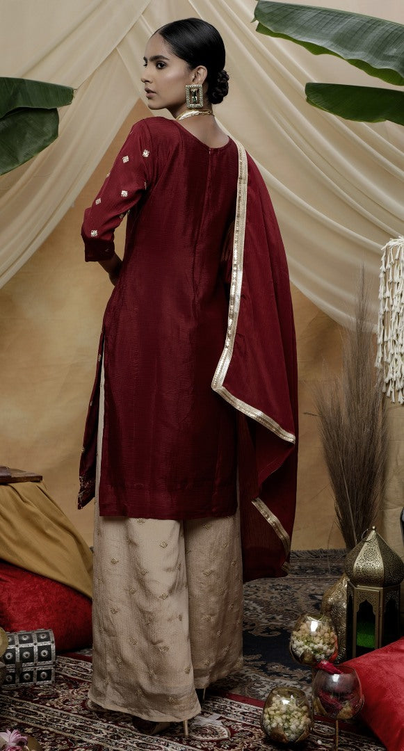 Maroon chinon semi sequence embroidered plazzo suit