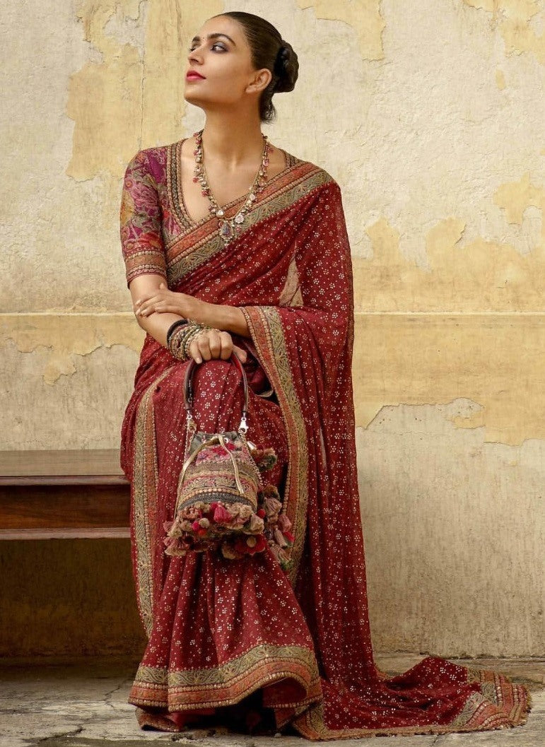 Maroon chinon silk printed designer wedding saree