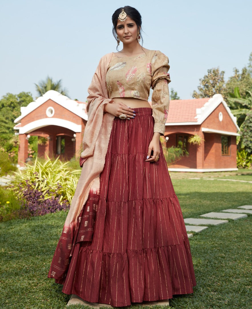 Maroon cotton jacquard weaving work party wear lehenga choli
