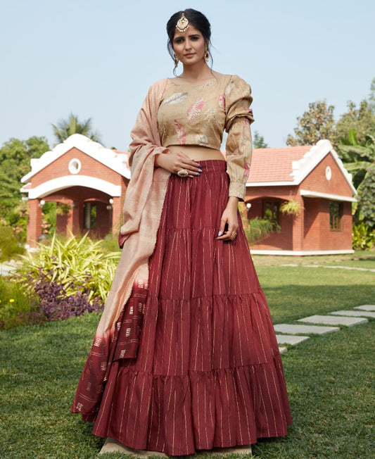 Maroon cotton jacquard weaving work party wear lehenga choli