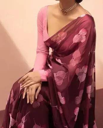 Maroon cotton linen floral printed casual saree