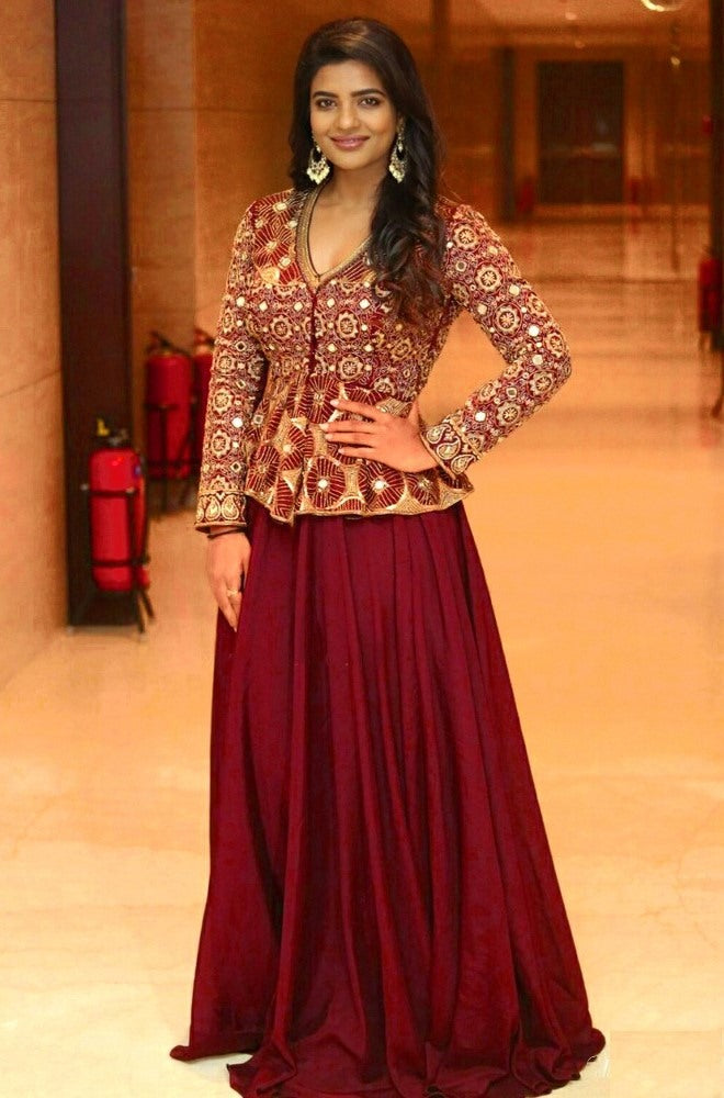 Maroon crape lehenga with long printed top