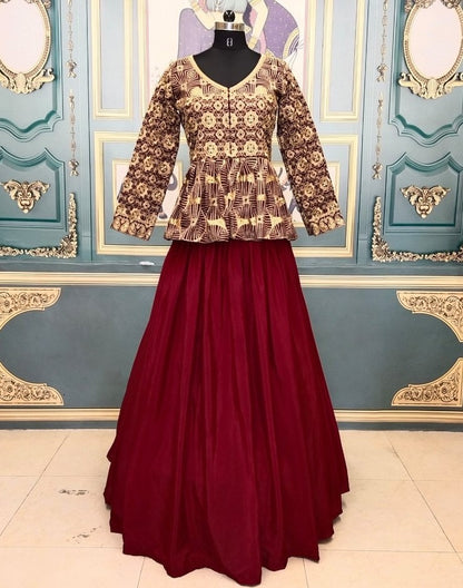 Maroon crape lehenga with long printed top