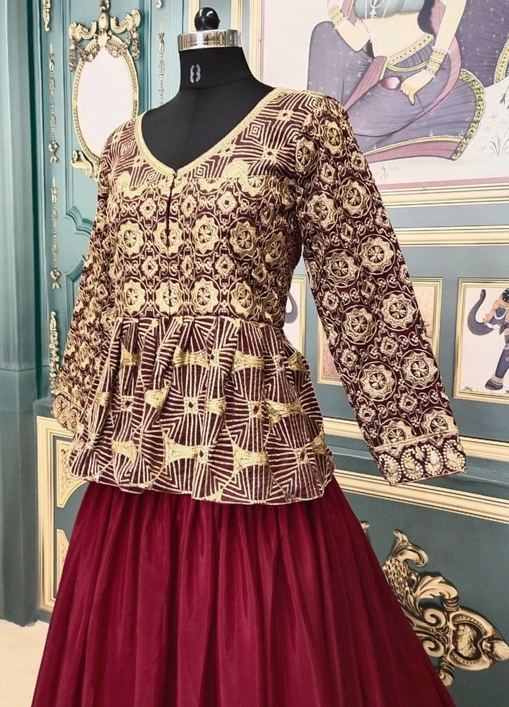 Maroon crape lehenga with long printed top