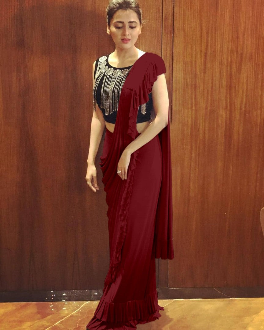 Maroon crepe silk designer ruffle saree with handwork blouse