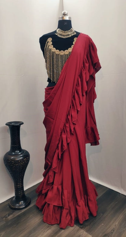 Maroon crepe silk designer ruffle saree with handwork blouse