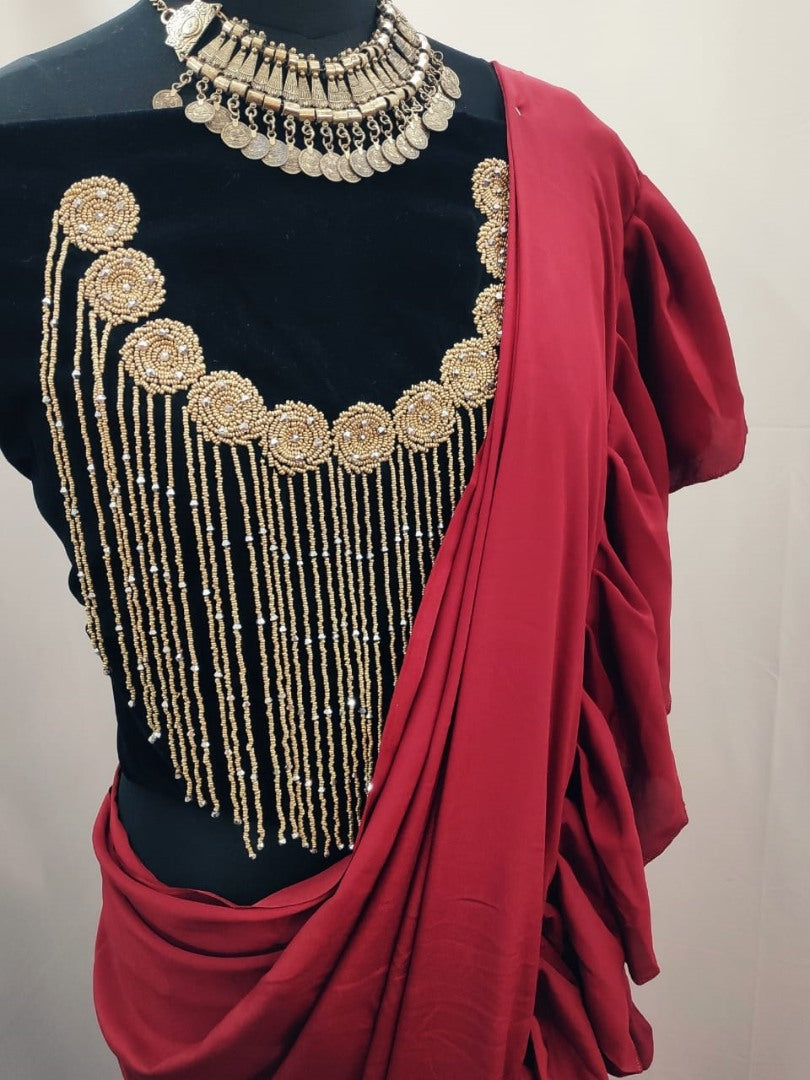 Maroon crepe silk designer ruffle saree with handwork blouse