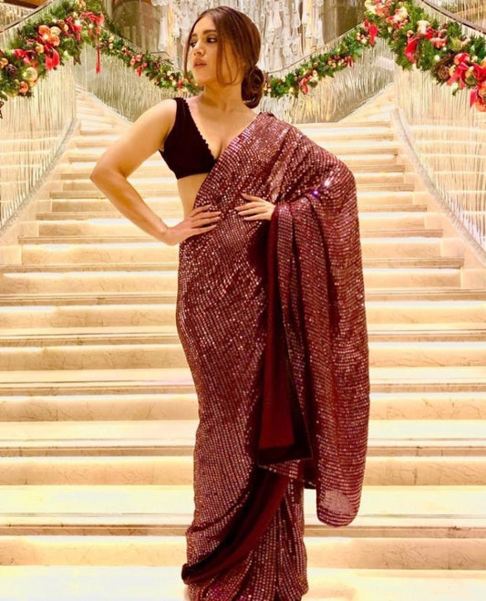 Maroon Designer sequence work glamorous partywear saree
