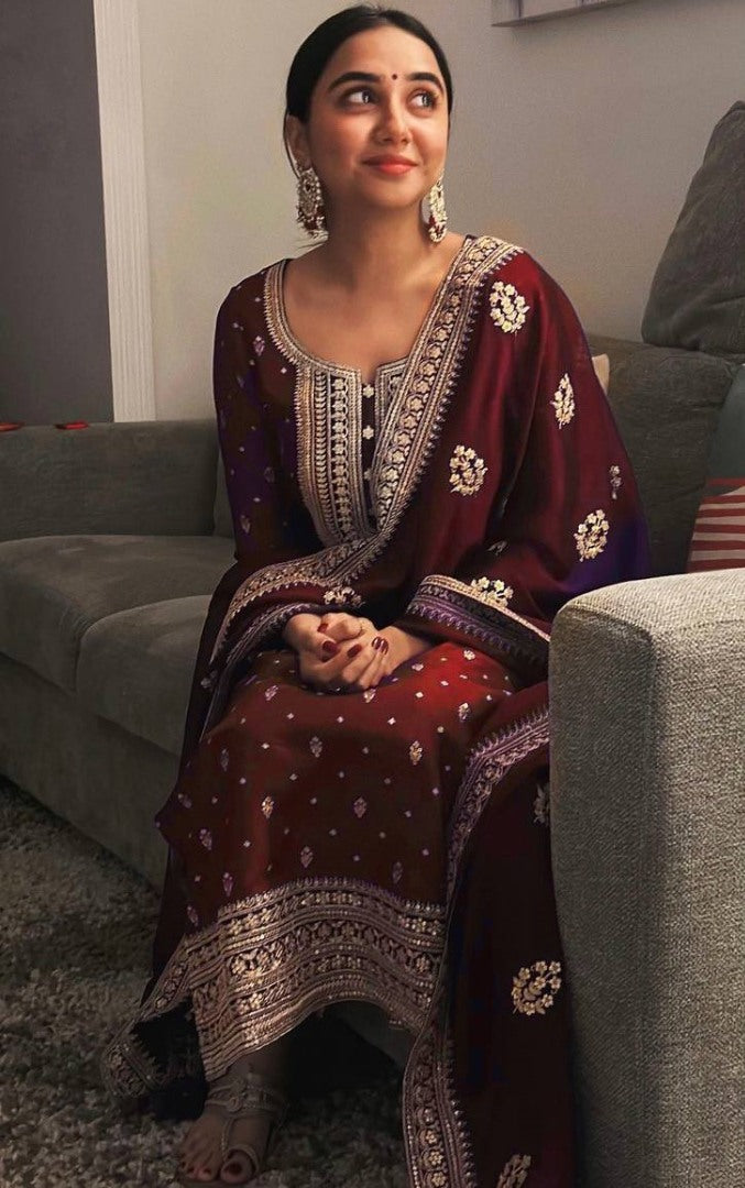 Maroon embroidery worked wedding palazzo suit