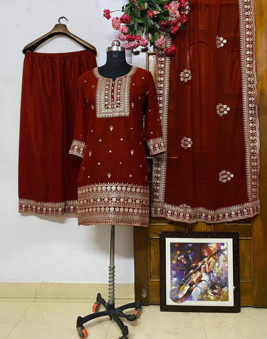 Maroon embroidery worked wedding palazzo suit
