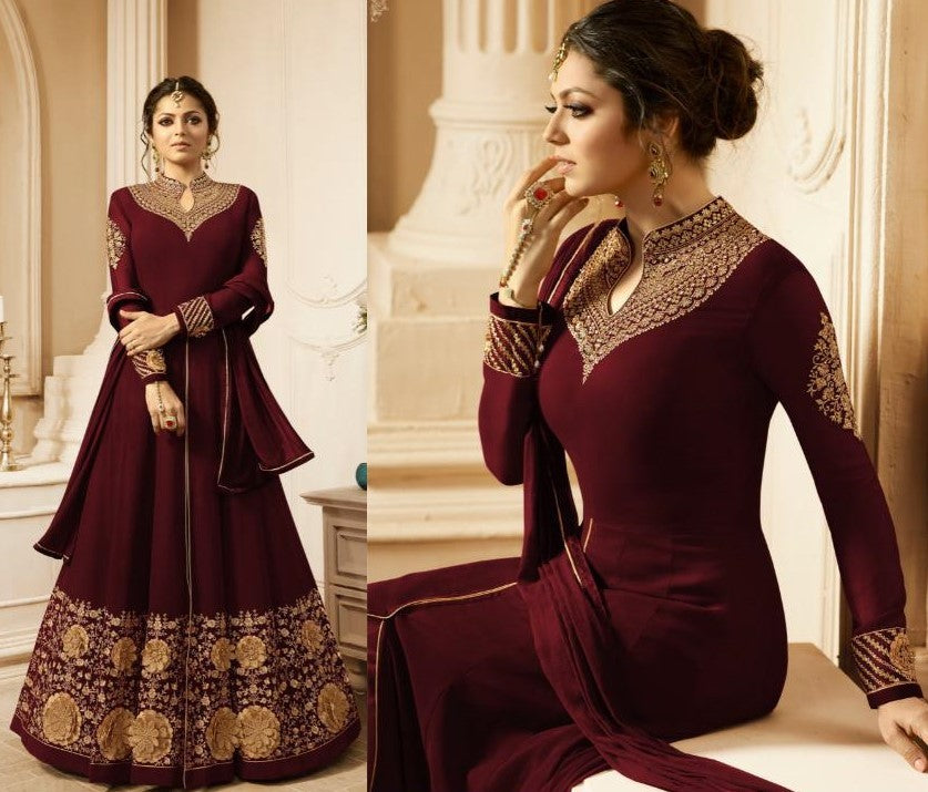 Maroon faux georgette beautiful embroidered long anarkali suit