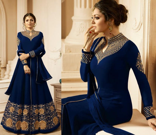 Blue faux georgette beautiful embroidered long anarkali suit