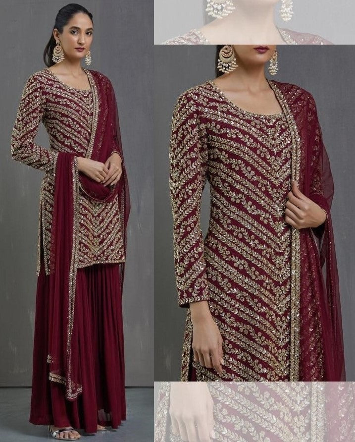 Maroon faux georgette embroidered sequence plazzo suit