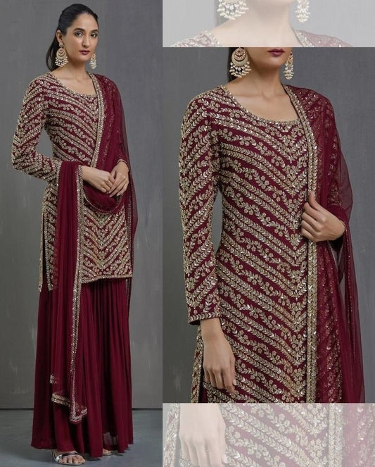 Maroon faux georgette embroidered sequence plazzo suit