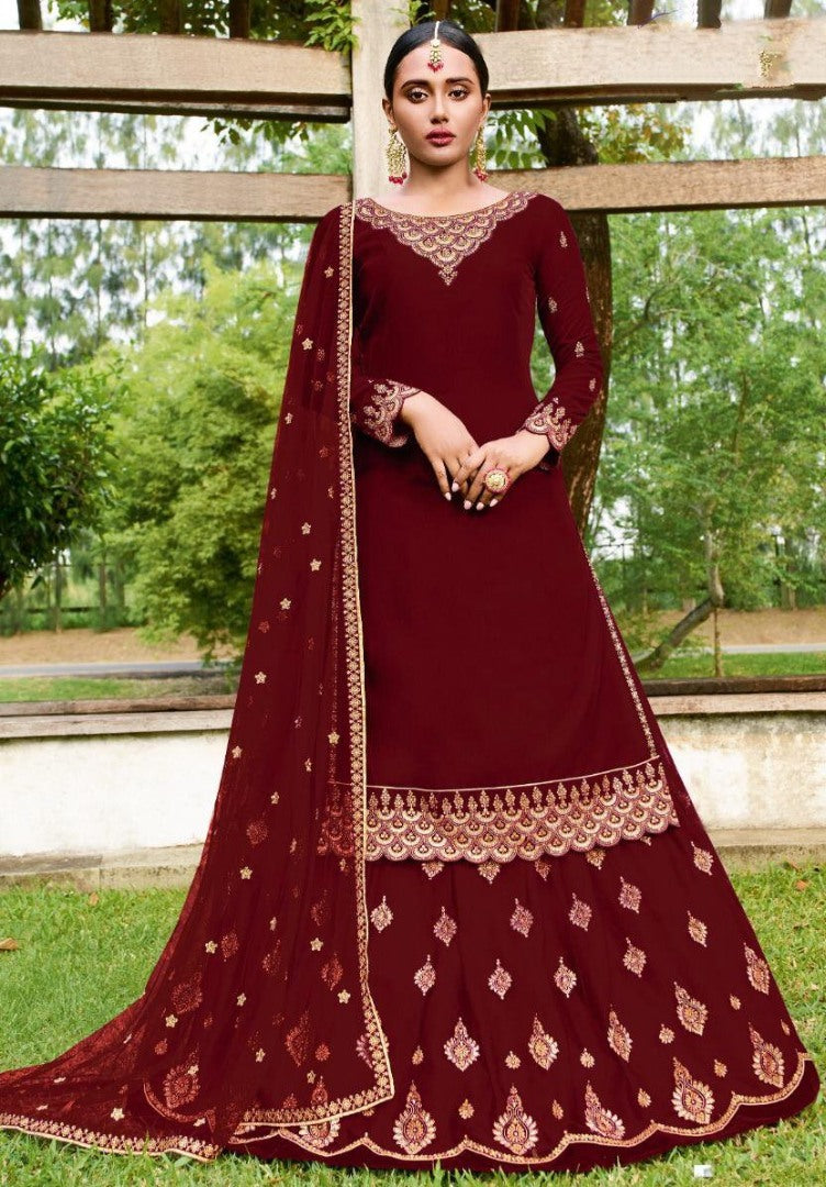 Maroon faux georgette embroidered stich work lehenga suit