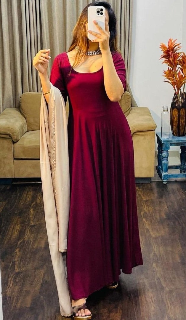 Maroon finlon silk full stitching work party wear long gown