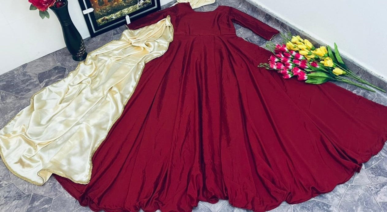 Maroon finlon silk full stitching work party wear long gown