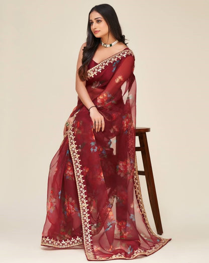 Maroon floral printed dori work organza saree