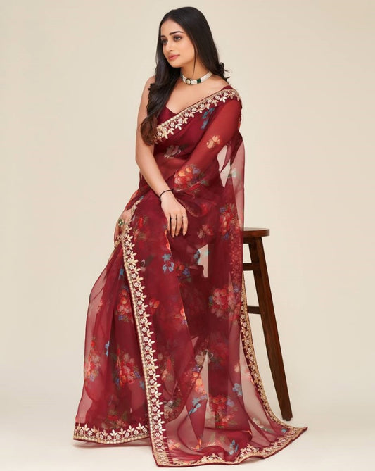 Maroon floral printed dori work organza saree